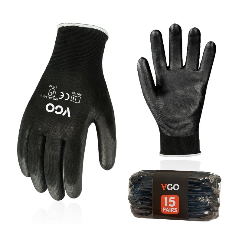 Vgo... 15-Pairs Safety Work Gloves, Gardening Gloves, Polyurethane Coated, Dipping Gloves, Latex Free (Size L, Black, PU2103) - Image 1